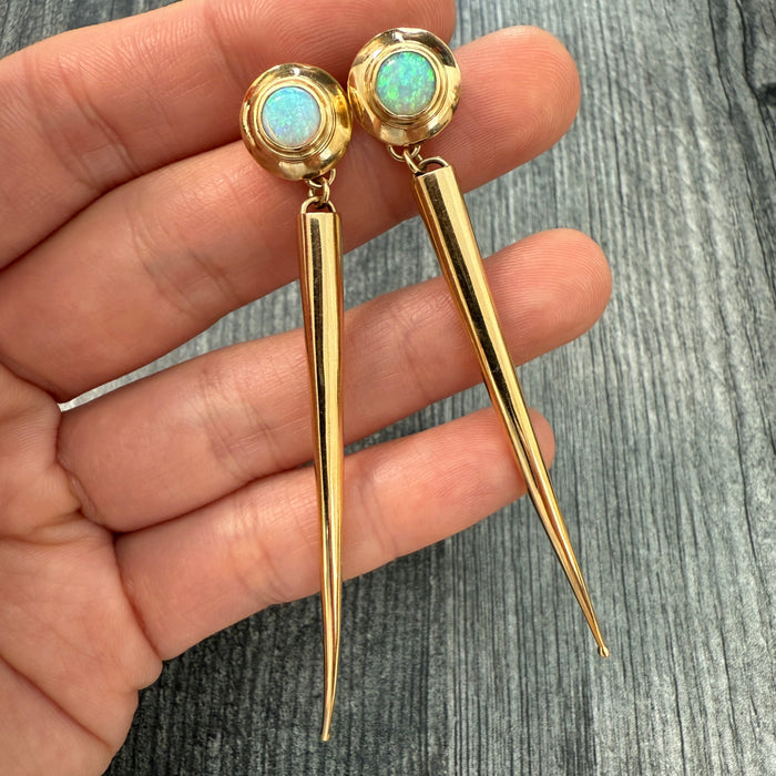 Opal and 14K Gold Stiletto Style Dangling Earrings