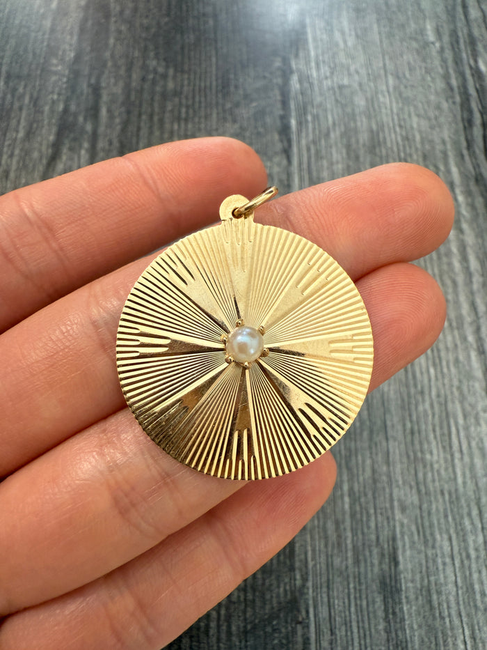 Vintage 14K Gold and Pearl Engine Turned Disc Charm