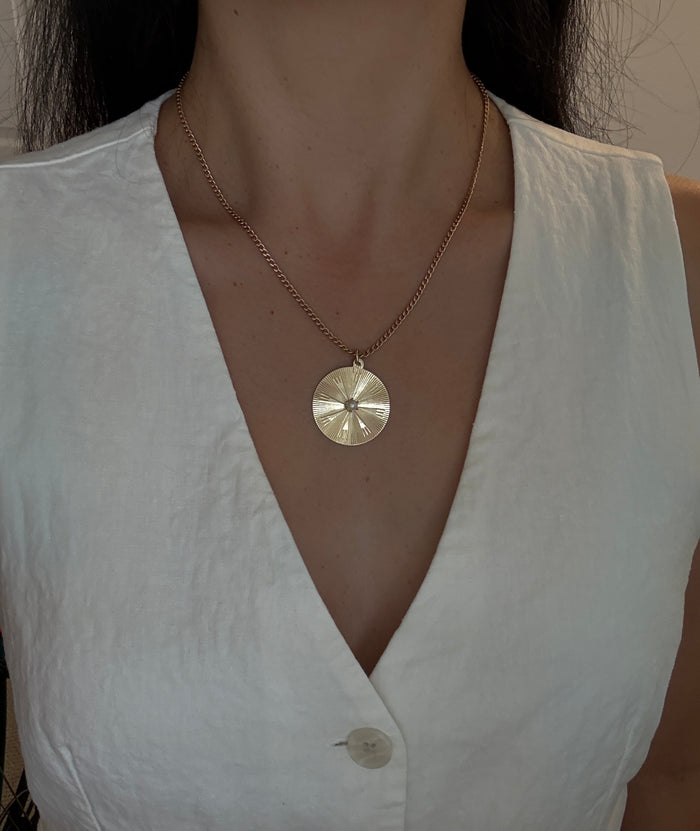 Vintage 14K Gold and Pearl Engine Turned Disc Charm