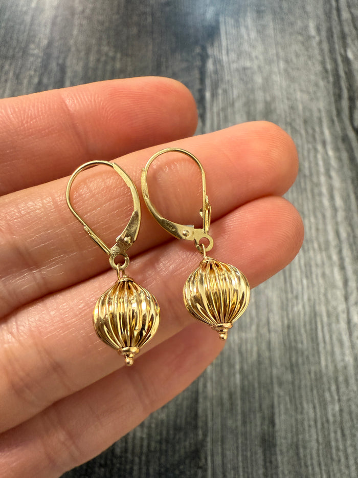 Fluted Ball Dangle 14K Gold Earrings
