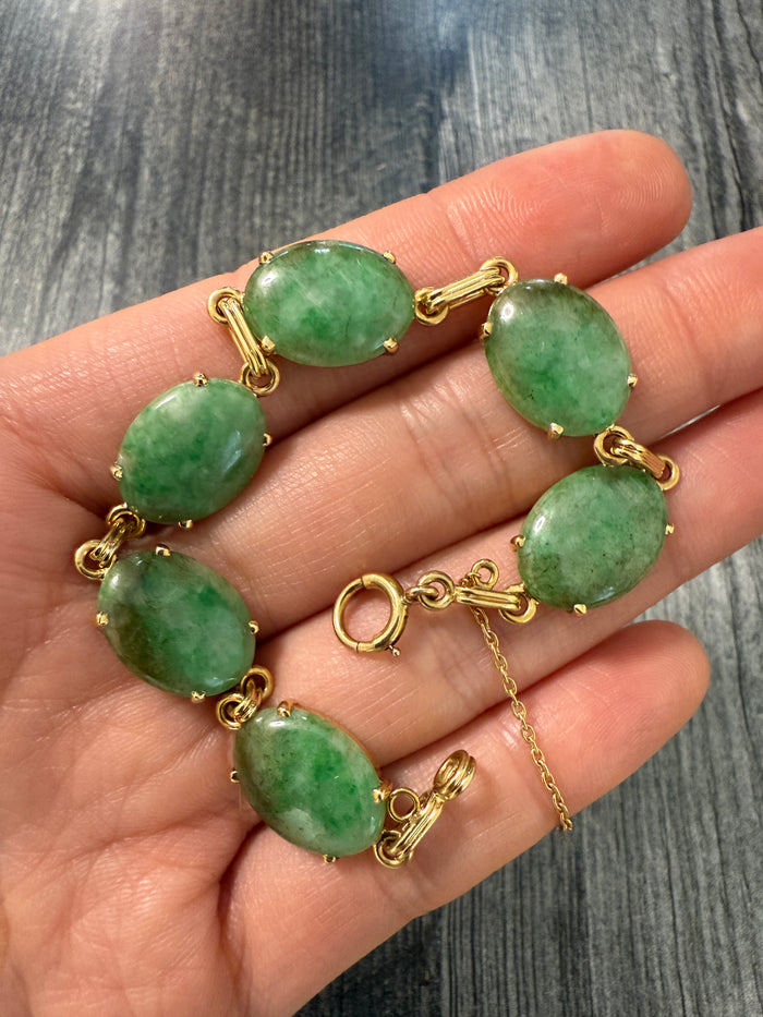 Vintage Moss Green Jade and 14K Gold Bracelet