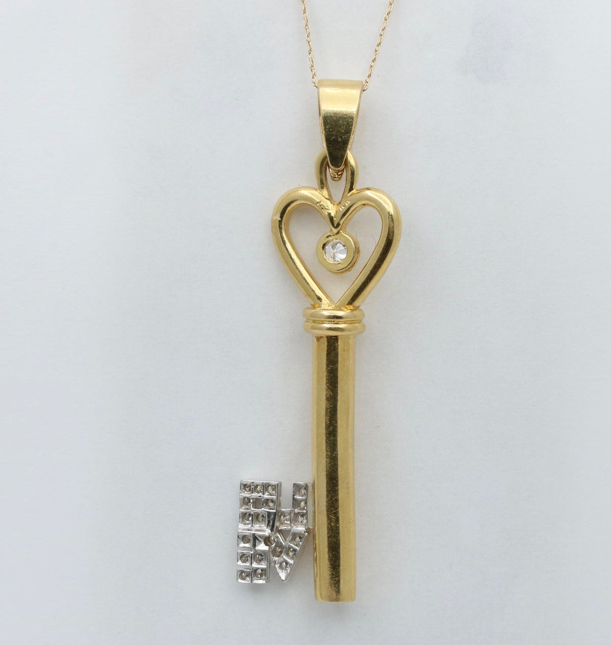 Large Diamond and 18K Gold LOVE Skeleton Key Pendant