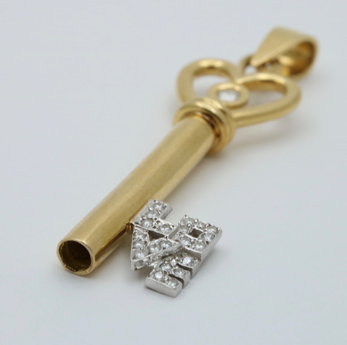 Large Diamond and 18K Gold LOVE Skeleton Key Pendant