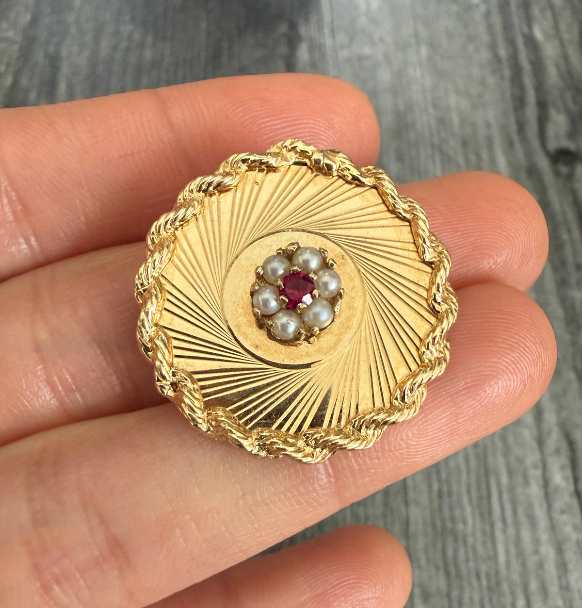 Vintage 14K Gold Engine Turned Swirled Disc Charm and Pin with Pearls