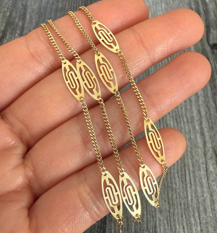 Vintage 14K Gold Lozenge Station and Open Link Chain, 18.5" Long