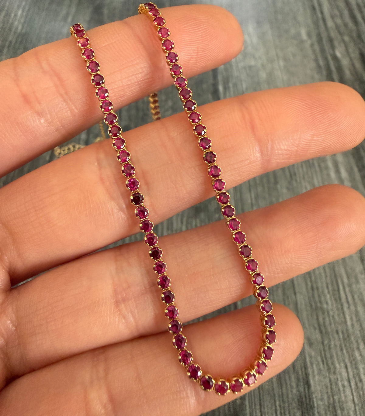 Synthetic Ruby Tennis Necklace in 14K Gold, 16.25" Long