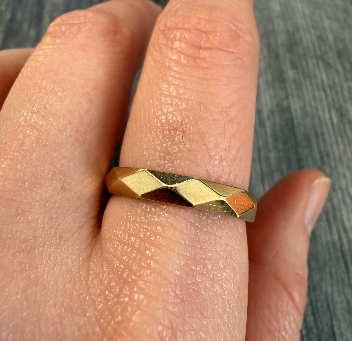 Vintage Art Carved 14K Gold Faceted Band, Stacking Ring