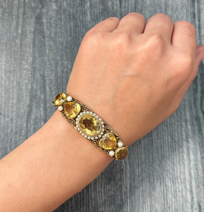 Midcentury Victorian Revival Citrine and 14K Gold Statement Bangle