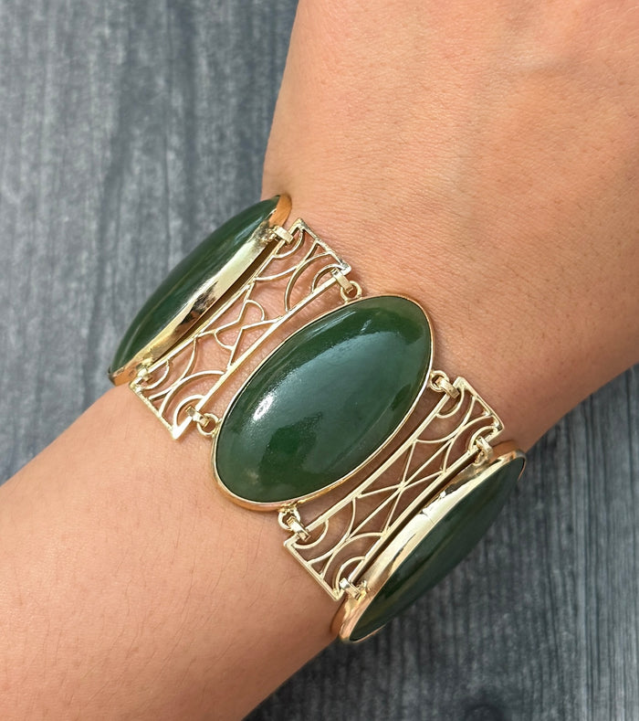 Wide Jade and 10K Gold Statement Bracelet