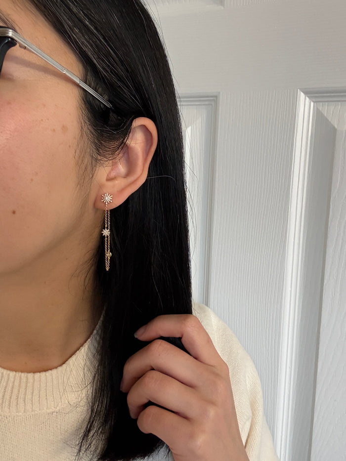 Diamond Starburst and Dangling Chain Earrings in 14K Gold