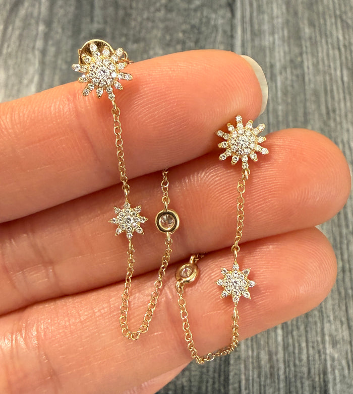 Diamond Starburst and Dangling Chain Earrings in 14K Gold