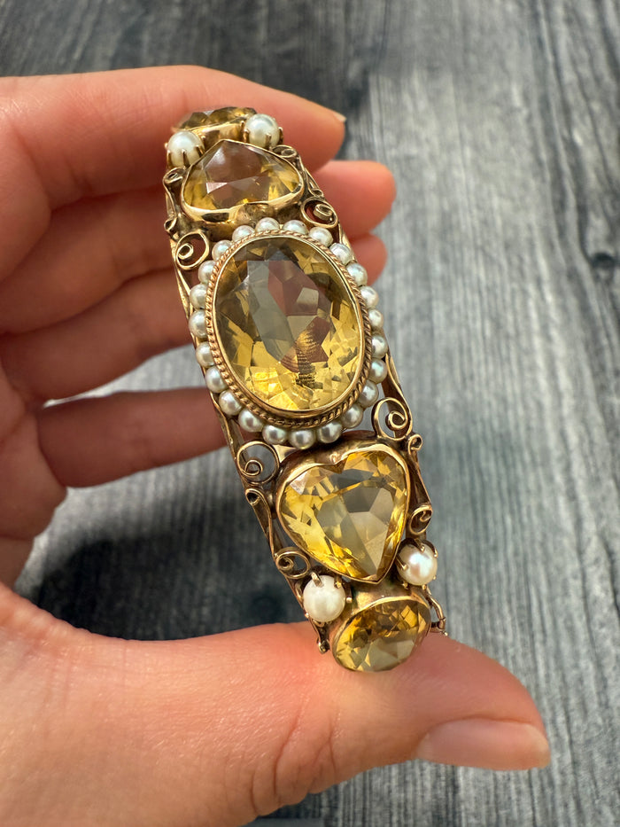 Midcentury Victorian Revival Citrine and 14K Gold Statement Bangle