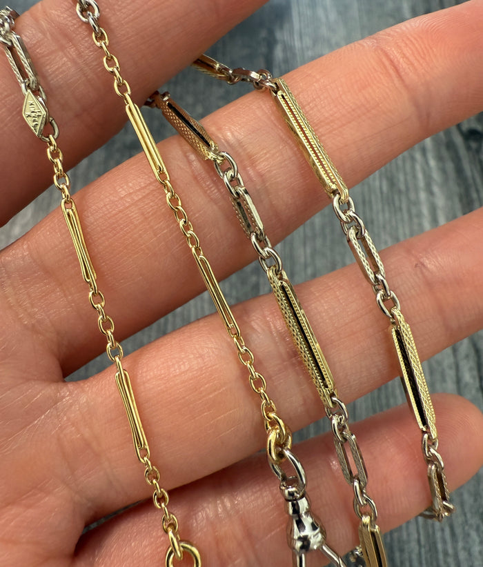 Art Deco 14K Bicolor Trombone Link Watch Chain, 17.5" Long