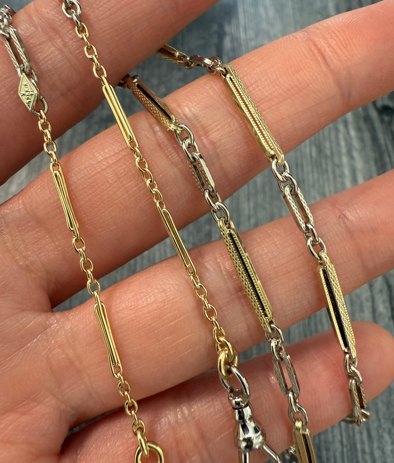Art Deco 14K Bicolor Trombone Link Watch Chain, 17.5" Long