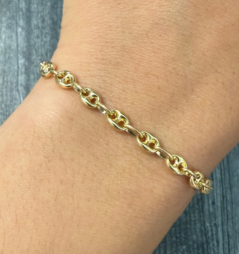 Small 14K Gold Puffy Mariner Link Bracelet, 7" Long