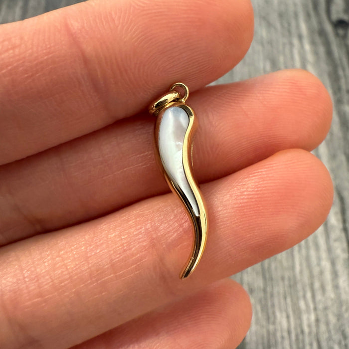 Inlaid Mother of Pearl and 14K Gold Italian Horn Charm