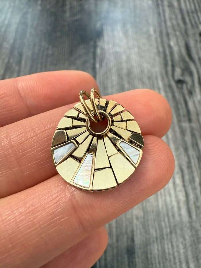 Inlaid Mother of Pearl and 14K Gold Articulated Spider Web Charm