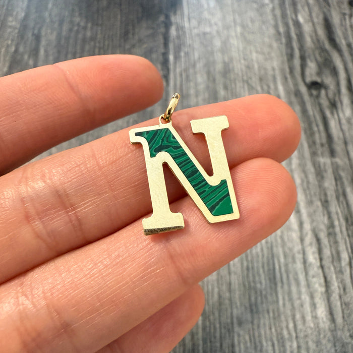 Inlaid Malachite and 14K Gold Initial N Charm