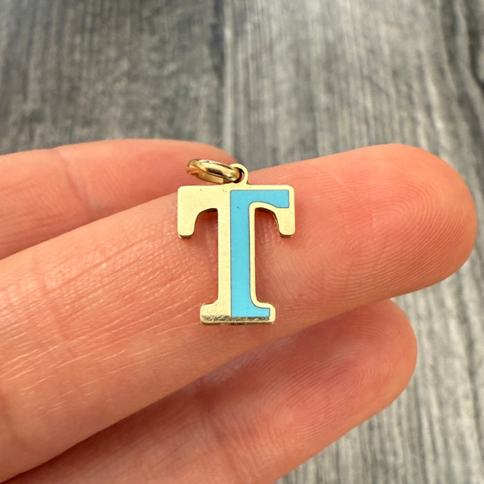 Inlaid Turquoise and 14K Gold Initial T Charm
