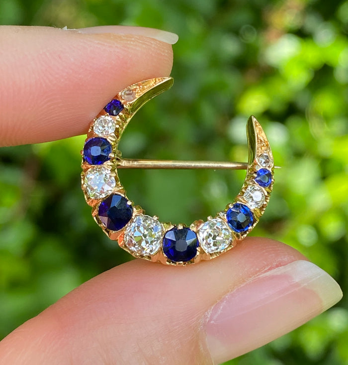 Antique Sapphire and 1.05 Ct Diamond Crescent Pin