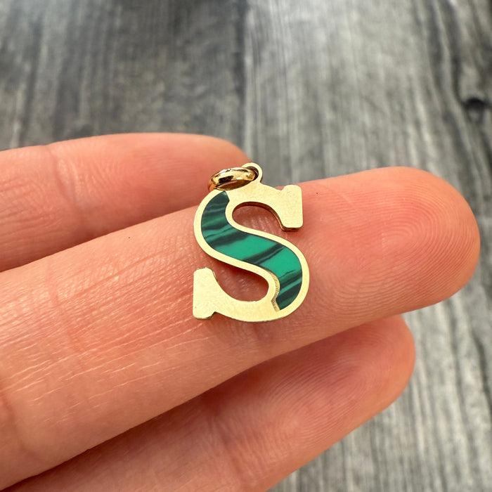 Inlaid Malachite and 14K Gold Initial S Charm