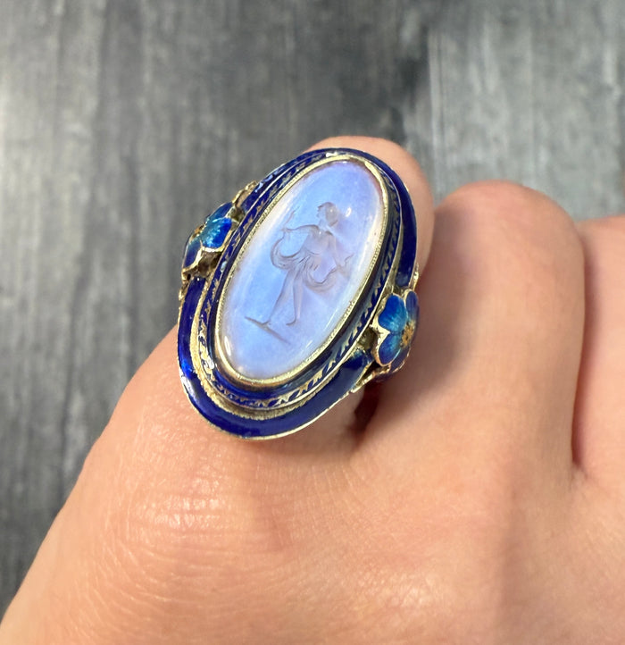 Antique Moonstone Intaglio and Enamel Flower Ring