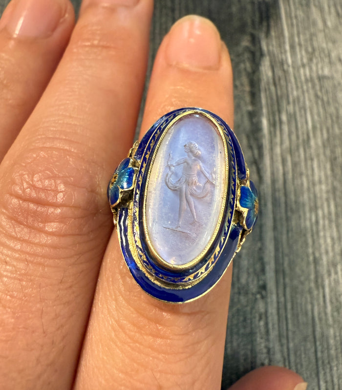 Antique Moonstone Intaglio and Enamel Flower Ring