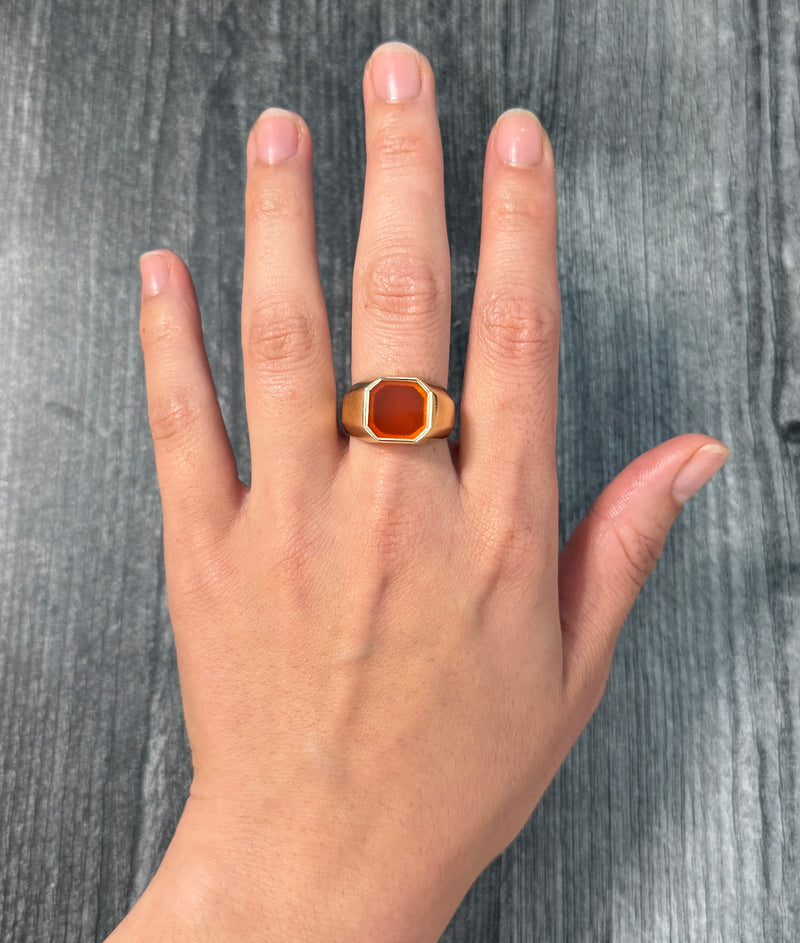 Octagonal Orange Agate and 14K Gold Signet Ring