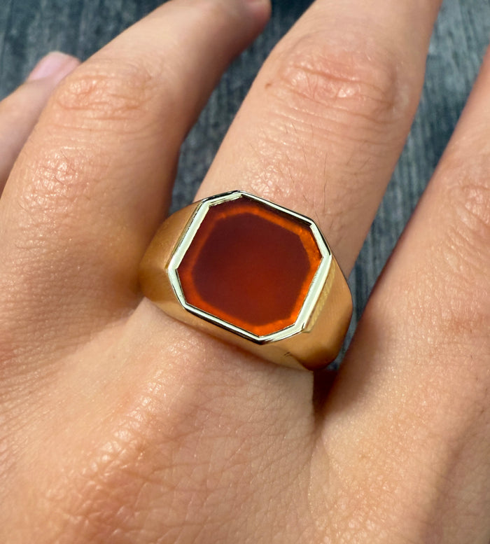 Orange Stone Geometric 14K Gold Signet Ring