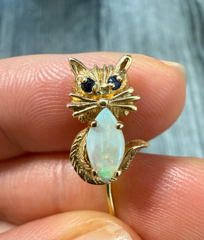 Vintage Opal and 14K Gold Cat Stick Pin