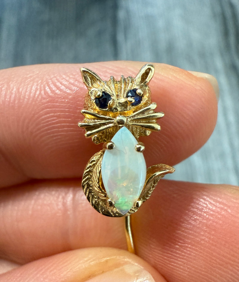 Vintage Opal and 14K Gold Cat Stick Pin