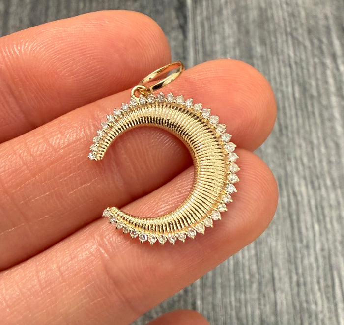 Diamond and 14K Gold Ribbed Crescent Charm