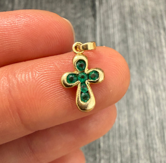 Mini Emerald and 14K Gold Cross Charm