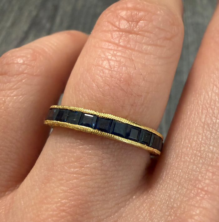 Sapphire and 18K Gold Chased Eternity Band, Size 7