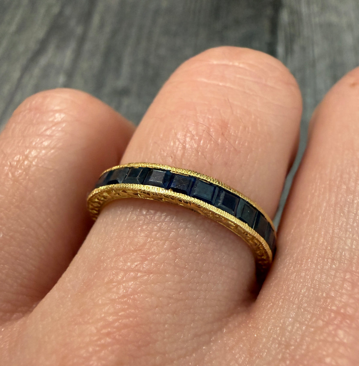 Sapphire and 18K Gold Chased Eternity Band, Size 7