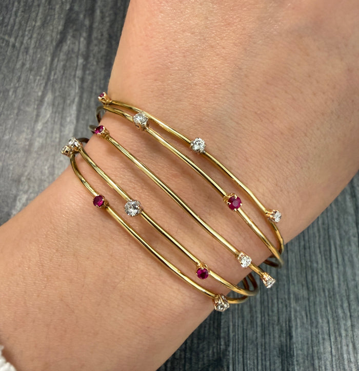 Multi Row Wire Cuff Bracelet with Diamonds and Rubies (S)