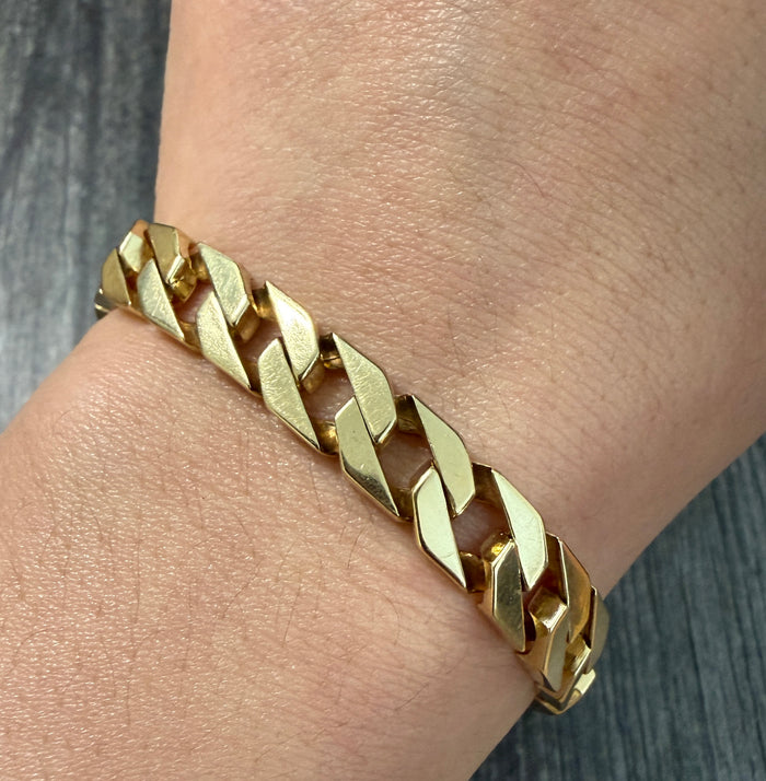 Vintage Solid 14K Gold Flat Straight Edge Curb Link Bracelet, 7.75" Long