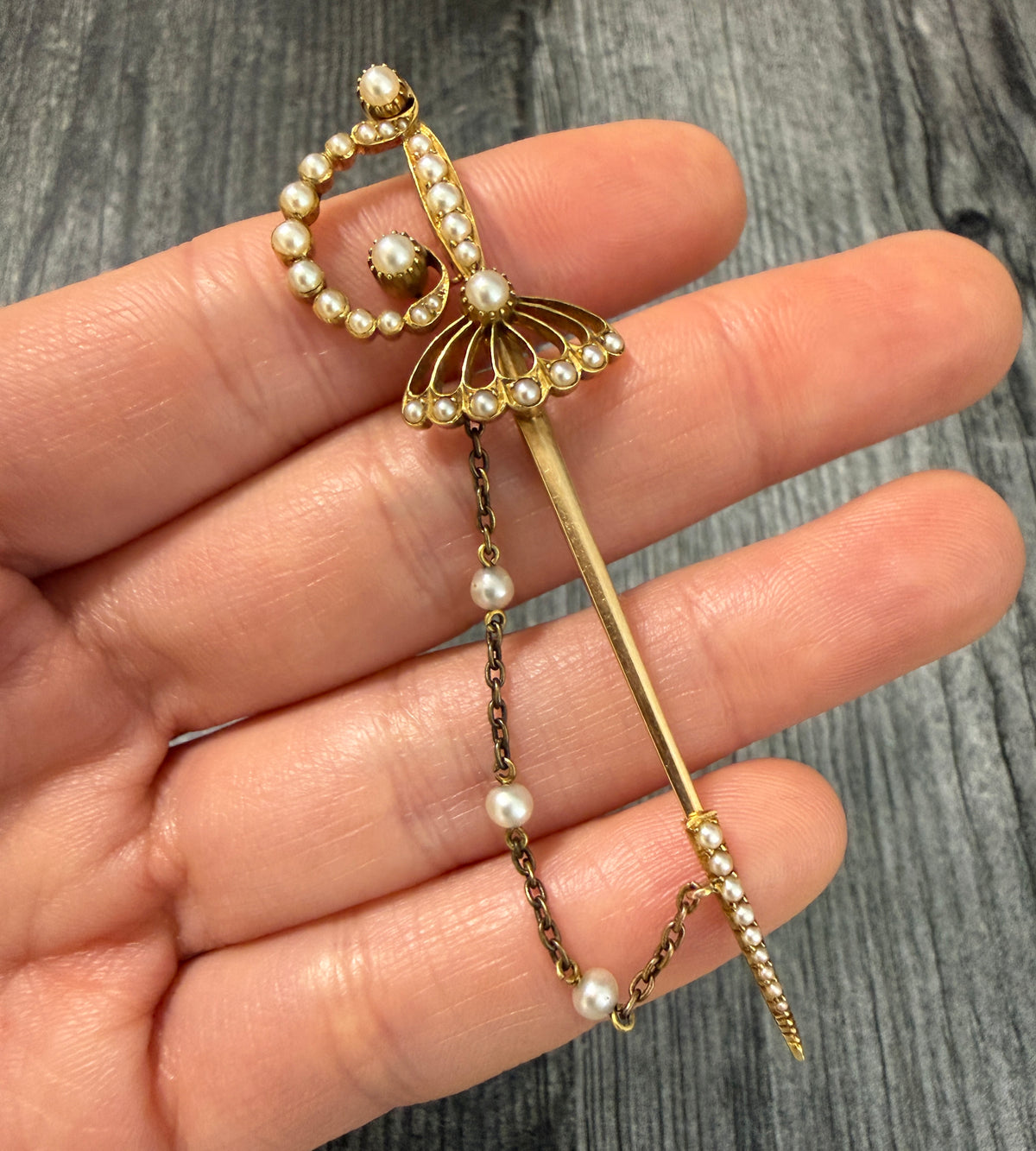 Antique Pearl and 14K Gold Sword Jabot Pin (S)