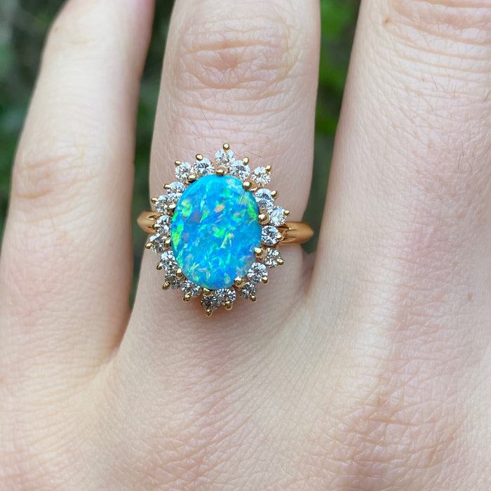 Vintage Australian Boulder Opal and Diamond 18K Gold Ring