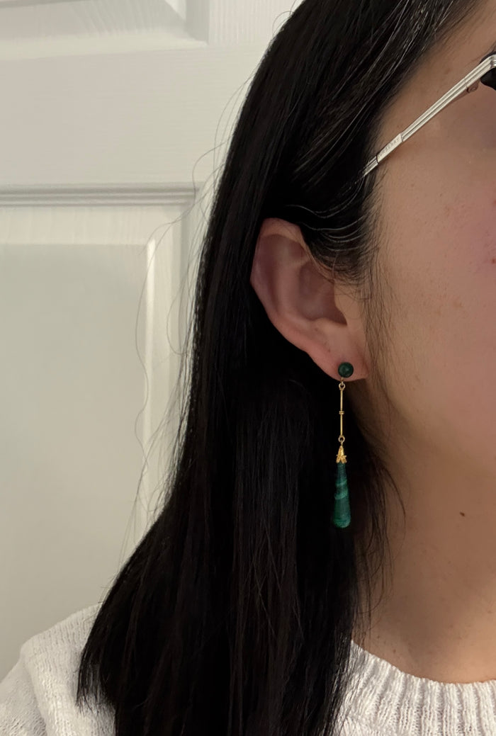Vintage Malachite and 14K Gold Long Dangling Earrings