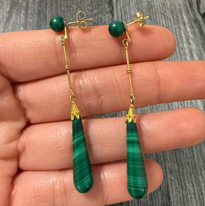 Vintage Malachite and 14K Gold Long Dangling Earrings
