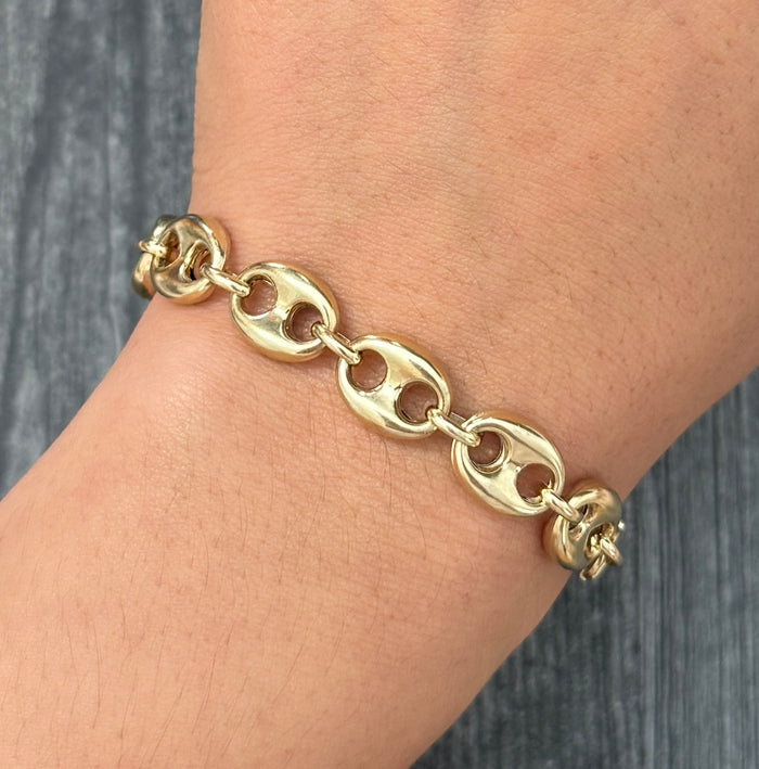 Large 14K Gold Puffy Mariner Link Bracelet, 8.25" Long
