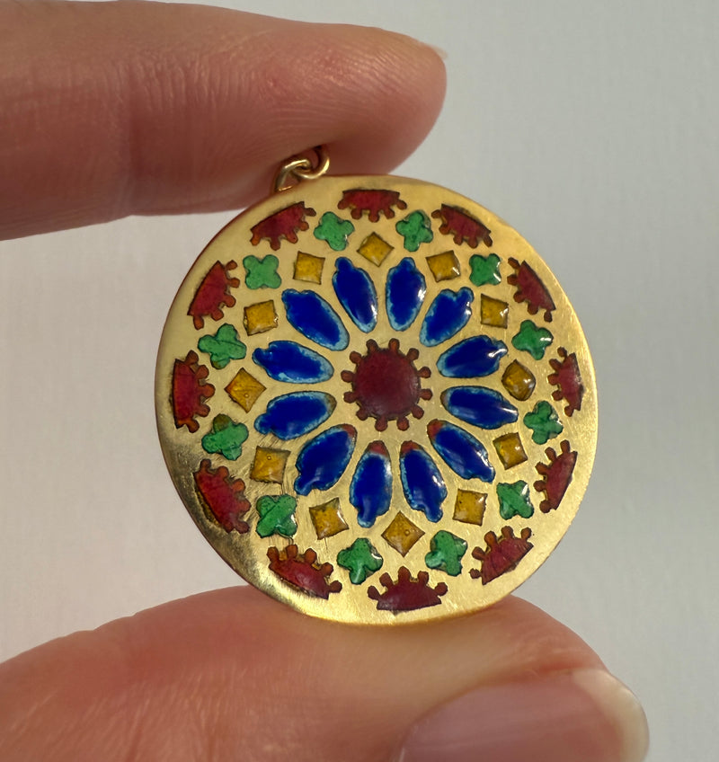 Vintage French Stained Glass Plique a Jour 18K Gold Pendant