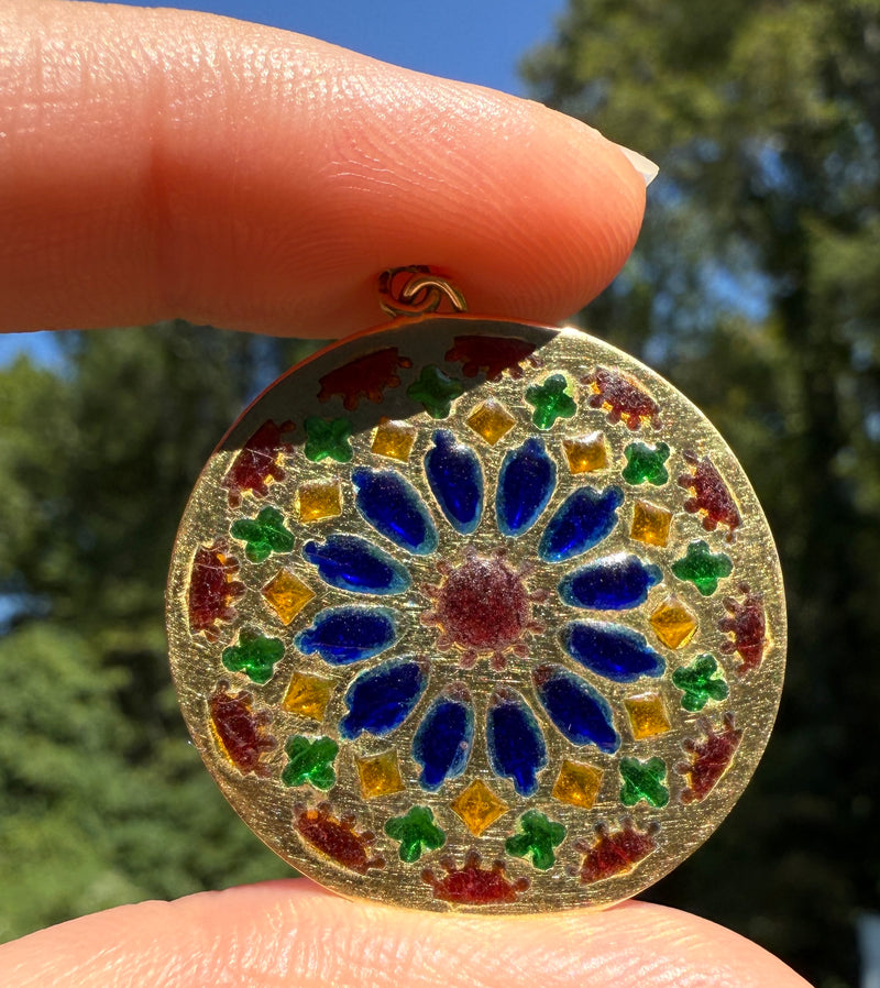 Vintage French Stained Glass Plique a Jour 18K Gold Pendant