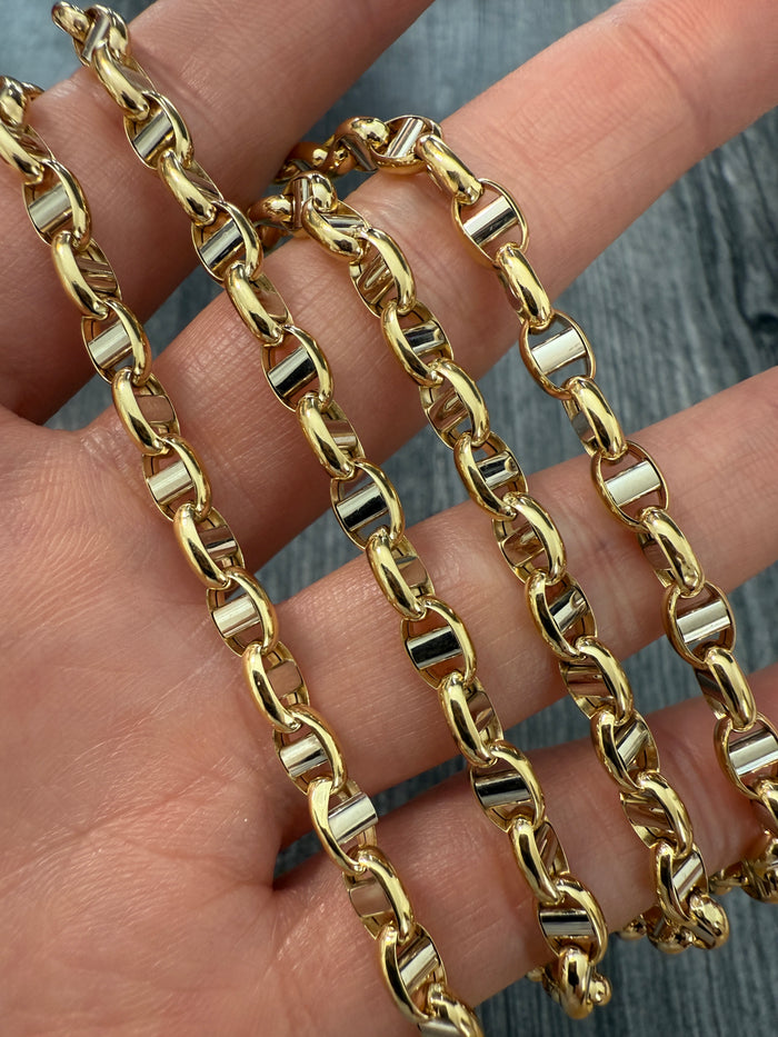 Vintage 18K Bicolor Gold Puffy Mariner Chain, 27.75" Long