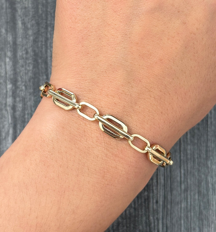 Modern Style 14K Gold Fancy Link Bracelet, 7" Long