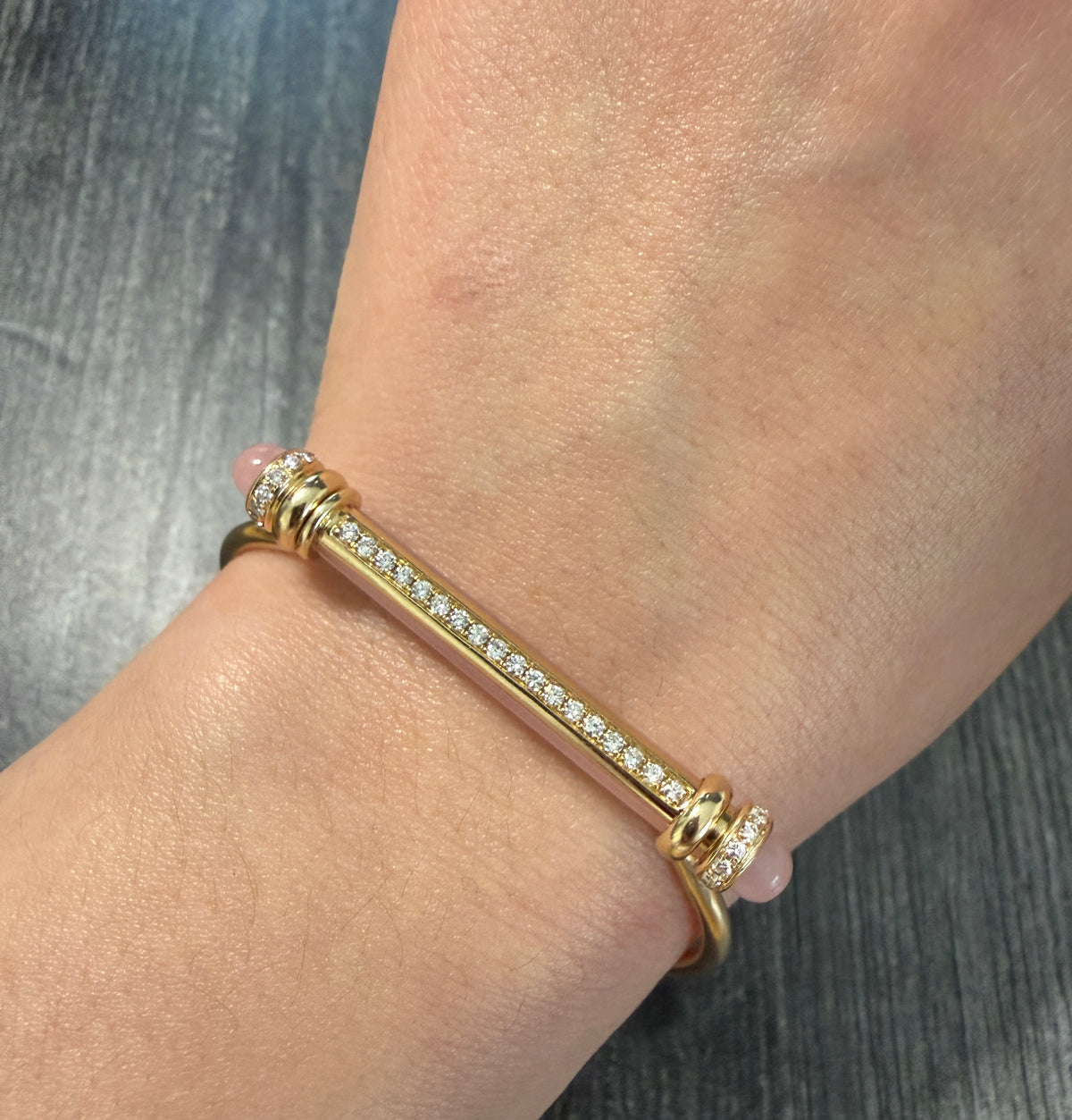 Elongated Rose Quartz Bar and Diamond Bangle in 14K Gold