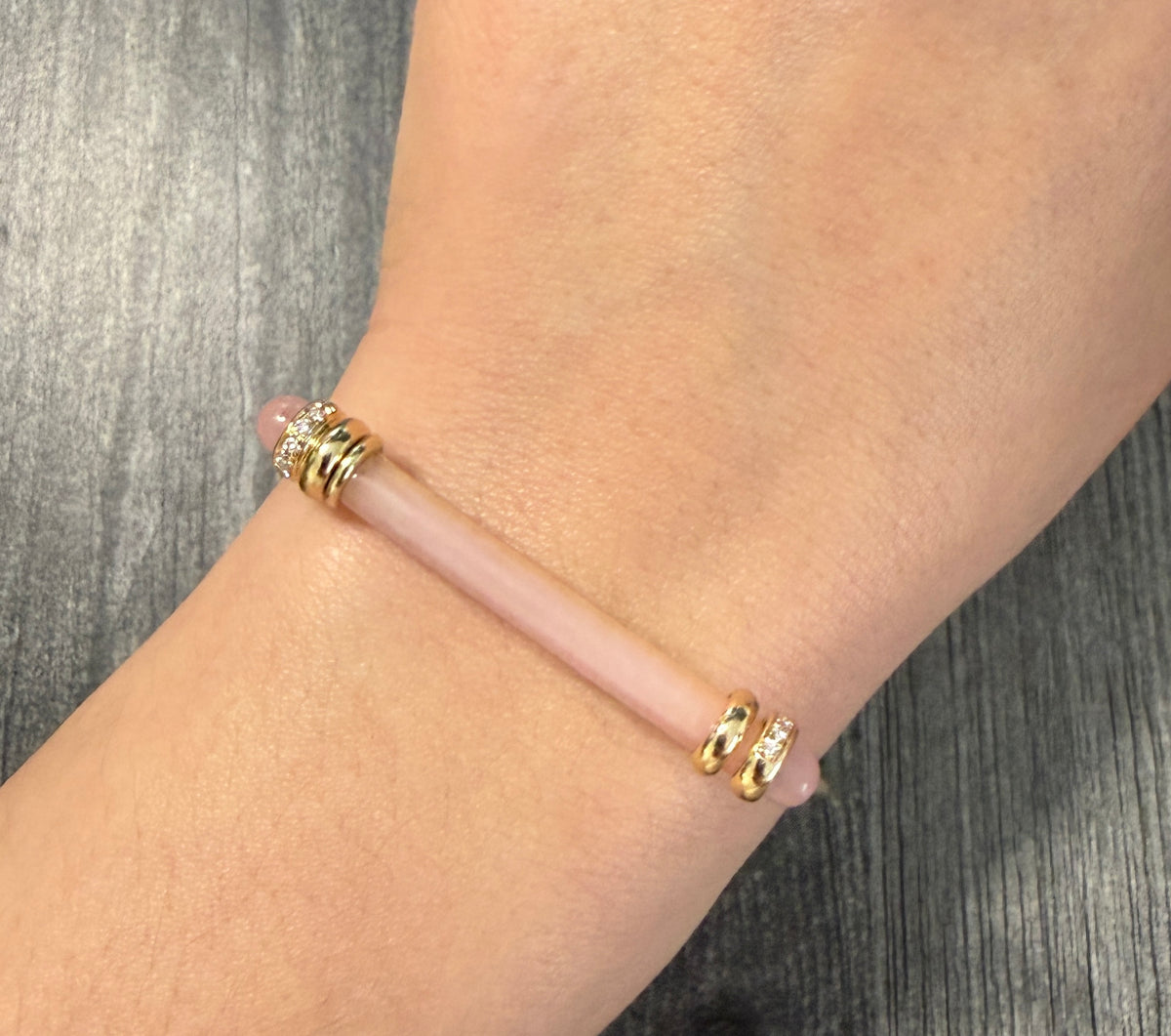Elongated Rose Quartz Bar and Diamond Bangle in 14K Gold