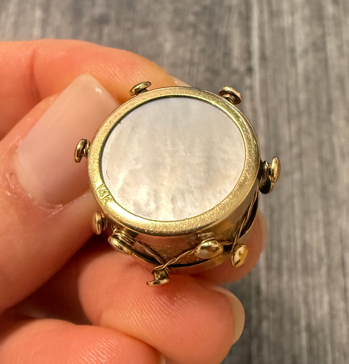 Vintage Mother of Pearl and 14K Gold Drum Charm (G)