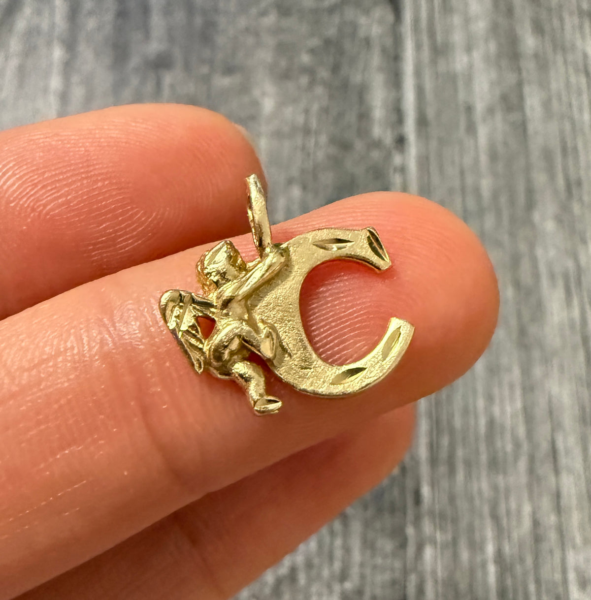Initial C and Cherub Charm in 14K Gold